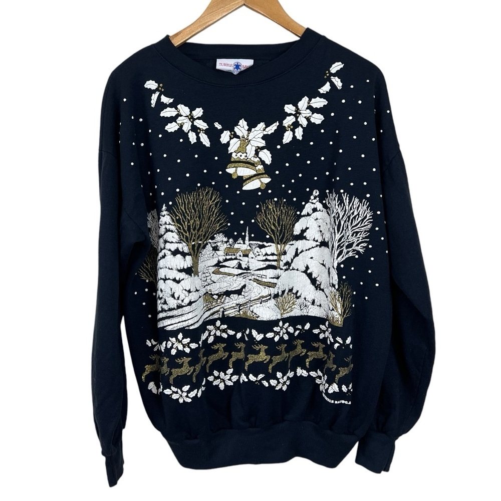 Vintage 1980s Turtle Bay Black Fleece Puff Paint Gold Glitter Christmas Sweater